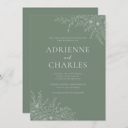 Floral Simplicity 1 Modern Green Minimal Wedding 招待状 (正面/裏面)