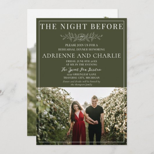 Floral Simplicity 1 Modern Green Rehearsal Dinner 招待状 (正面/裏面)