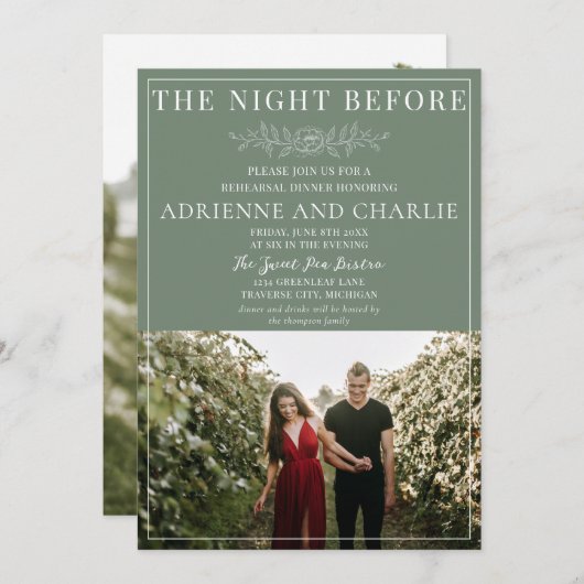 Floral Simplicity 1 Modern Green Rehearsal Dinner 招待状 (正面/裏面)