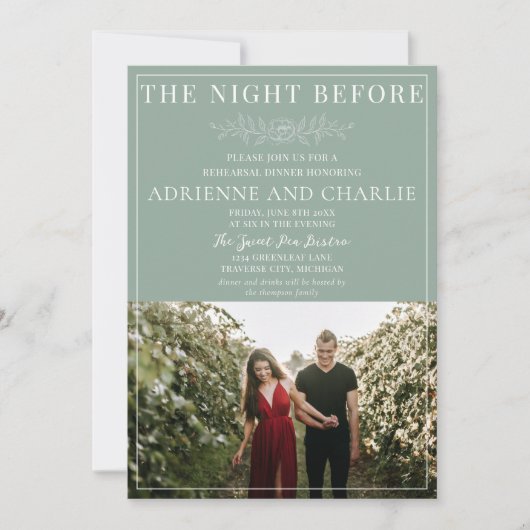 Floral Simplicity 1 Modern Green Rehearsal Dinner 招待状 (正面)