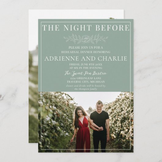 Floral Simplicity 1 Modern Green Rehearsal Dinner 招待状 (正面/裏面)