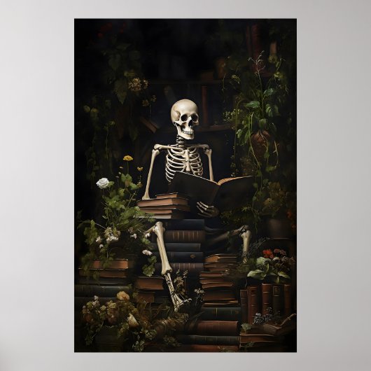 Floral Skeleton Books Library Print, Skull Dark ポスター (正面)