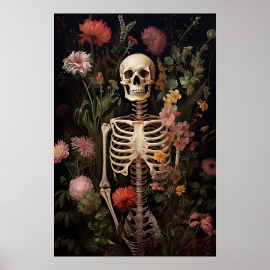Floral Skeleton Gothic Portrait Print, Dark ポスター (正面)