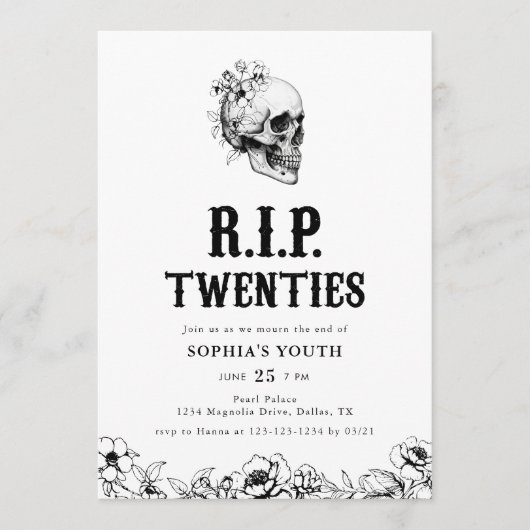 Floral Skull RIP Twenties 30th Birthday 招待状 (正面)