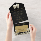 Floral Skulls Black And Gold Gothic Wedding オールインワン招待状 (貼ってはがせる)