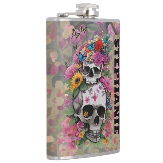 Floral Skulls Leopard Print Customizable Name フラスク (右)