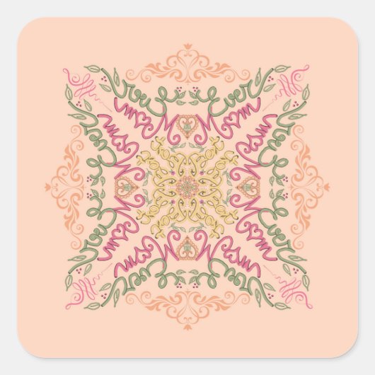 Floral Soft peach kaleidoscopic Script Best Mom  スクエアシール (正面)