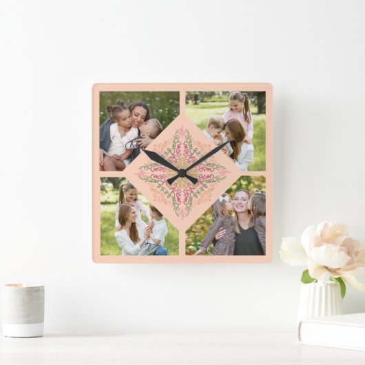 Floral Soft peach kaleidoscopic Script Best Mom  スクエア壁時計 (ホーム)