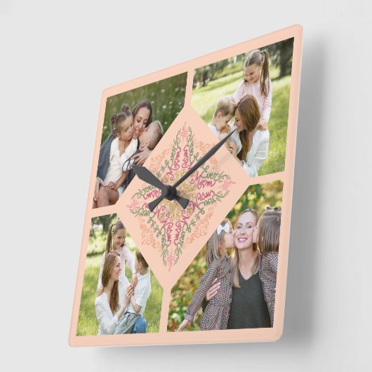 Floral Soft peach kaleidoscopic Script Best Mom  スクエア壁時計 (傾斜)