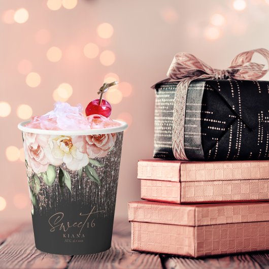 Floral Sparkles Sweet Sixteen Rose Gold/Blk ID912  紙コップ