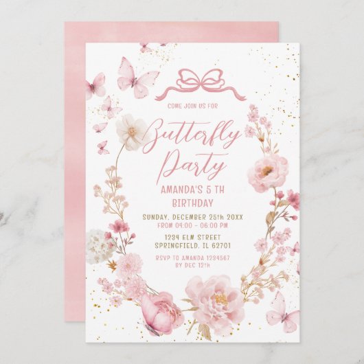 Floral Spring Garden Watercolor Butterfly Birthday 招待状 (正面/裏面)