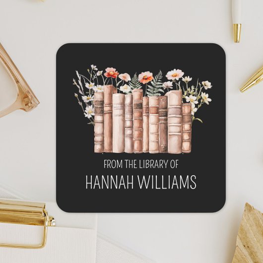 Floral Stack Book From the Library of Bookplate スクエアシール