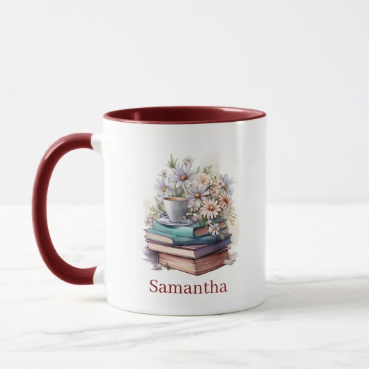 Floral Stacked Books Personalized Burgundy Handle マグカップ (左)