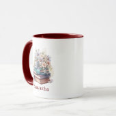 Floral Stacked Books Personalized Burgundy Handle マグカップ (正面左)