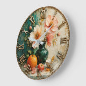 Floral Still Life Elegant Botanical Fruit Decor ラージ壁時計 (傾斜)