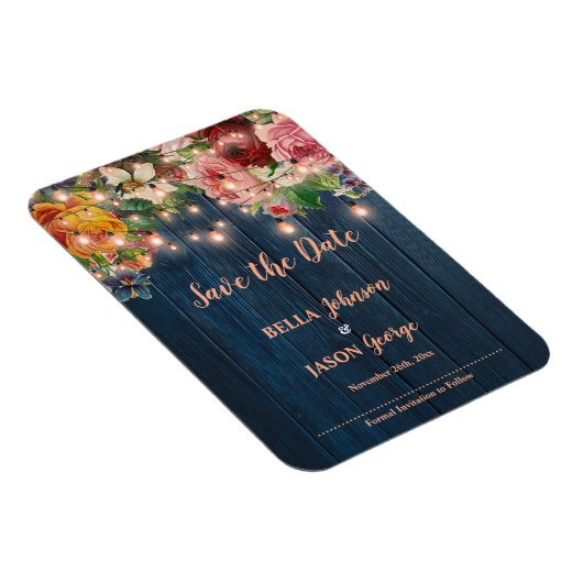 Floral String Lights Rustic Wedding Save The Date マグネット (右側)