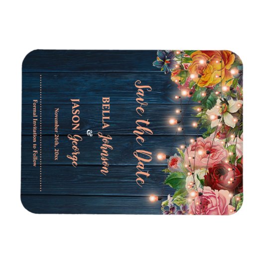 Floral String Lights Rustic Wedding Save The Date マグネット (横)