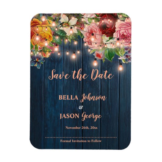 Floral String Lights Rustic Wedding Save The Date マグネット (縦)