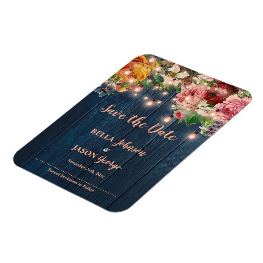 Floral String Lights Rustic Wedding Save The Date マグネット (左側)