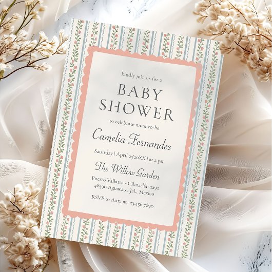 Floral Stripes Vintage Retro Baby Shower 招待状