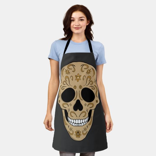 Floral Sugar Skull Dia de los Muertos エプロン (着用した状態)