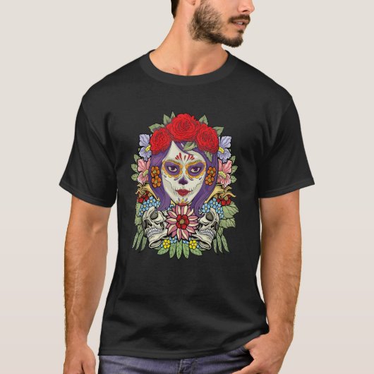 Floral Sugar Skull Dia De Muertos Women Tシャツ (正面)