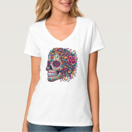 Floral Sugar Skull Side Profile Mexican Art Tシャツ