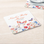 Floral Summer Butterfly Baby Shower スクエアペーパーコースター (アングル)