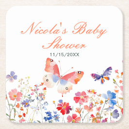 Floral Summer Butterfly Baby Shower スクエアペーパーコースター