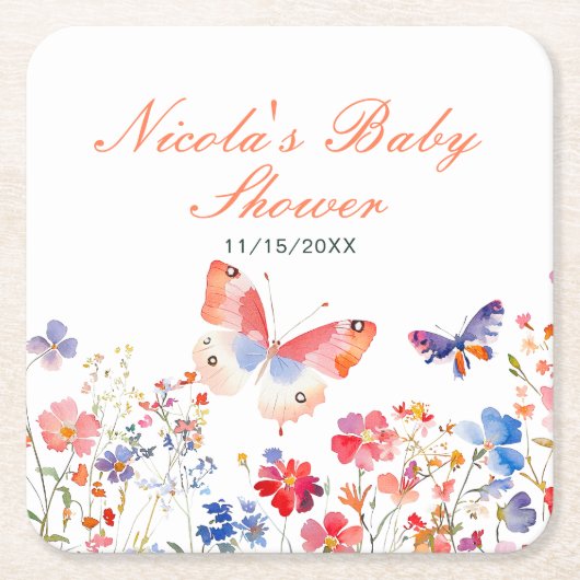 Floral Summer Butterfly Baby Shower スクエアペーパーコースター (正面)