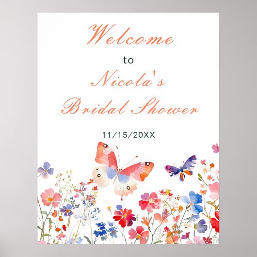 Floral Summer Butterfly Bridal Shower Welcome ポスター (正面)