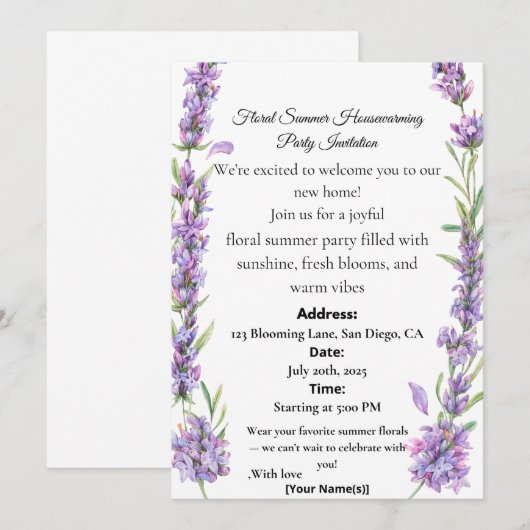 Floral Summer Housewarming Party Invitation 招待状 (正面/裏面)