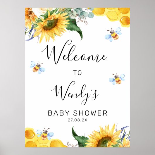 Floral Sunflower Bee Baby Shower Welcome Sign ポスター (正面)