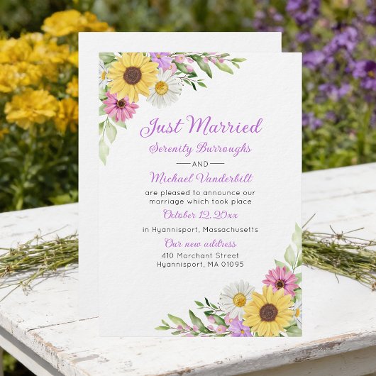 Floral Sunflower Daisy Just Married Wedding 招待状