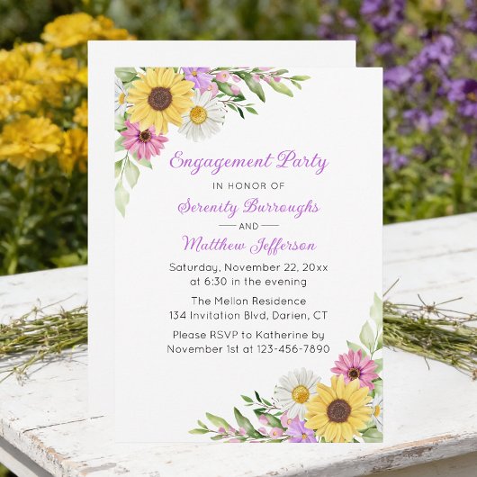 Floral Sunflower Daisy Wildflower Engagement Party 招待状