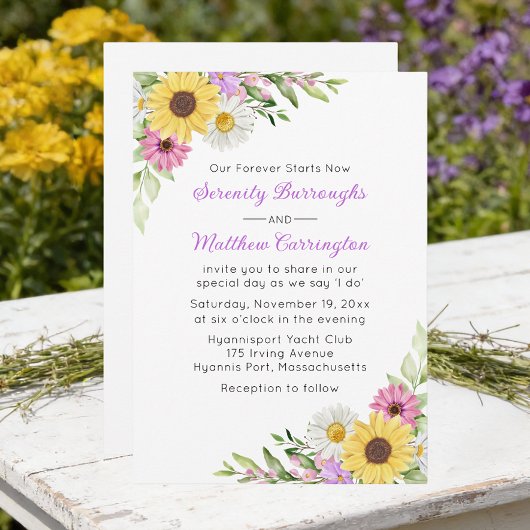 Floral Sunflower Daisy Wildflowers Wedding 招待状