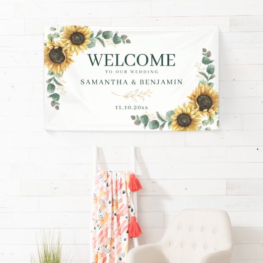 Floral Sunflower Eucalyptus Script Wedding Welcome 横断幕 (インサイチュ)