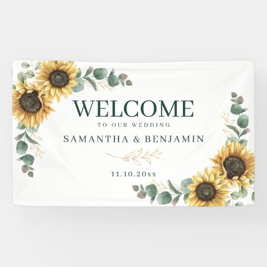 Floral Sunflower Eucalyptus Script Wedding Welcome 横断幕 (横)