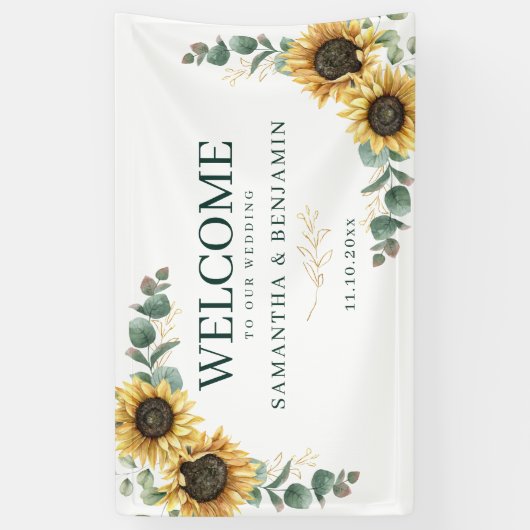Floral Sunflower Eucalyptus Script Wedding Welcome 横断幕 (縦)