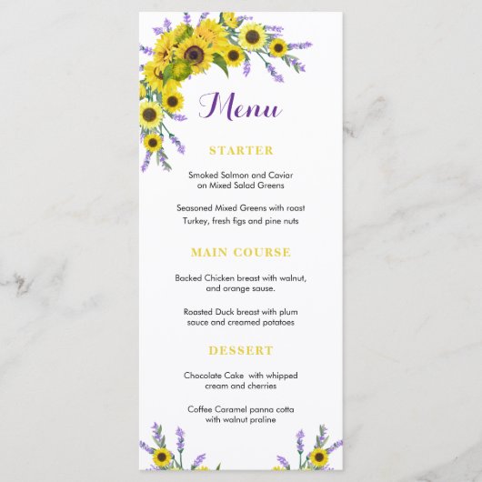Floral Sunflower & Lavender Wedding Reception  メニュー (正面)