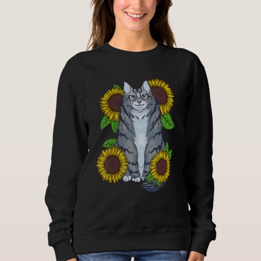 Floral Sunflower Mainecoon Cat スウェットシャツ (正面)