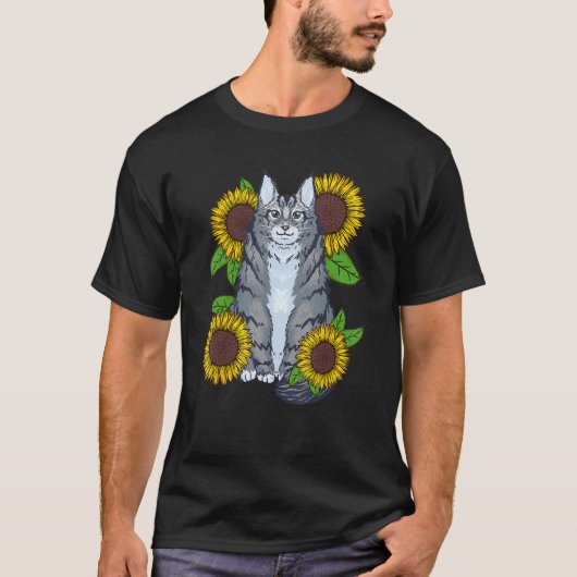 Floral Sunflower Mainecoon Cat Tシャツ (正面)