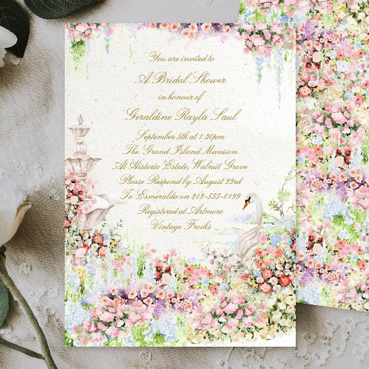 floral swan chic calligraphy bridal shower 招待状
