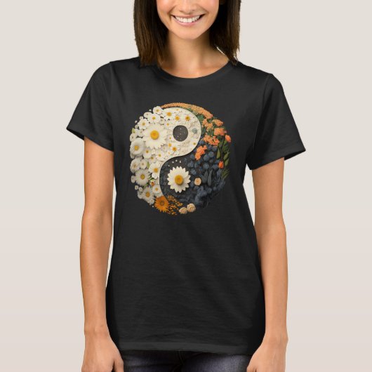 Floral Taoism Yin Yang Symbol on Flower Taijitu Yi Tシャツ (正面)