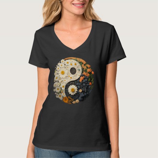 Floral Taoism Yin Yang Symbol on Flower Taijitu Yi Tシャツ (正面)