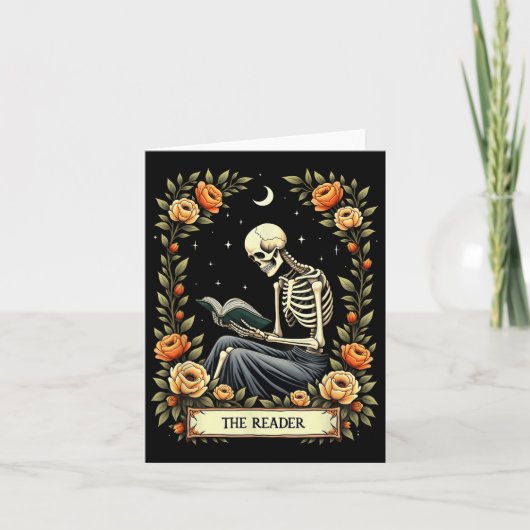 Floral Tarot Card The Reader Skeleton Reading Book カード (正面)