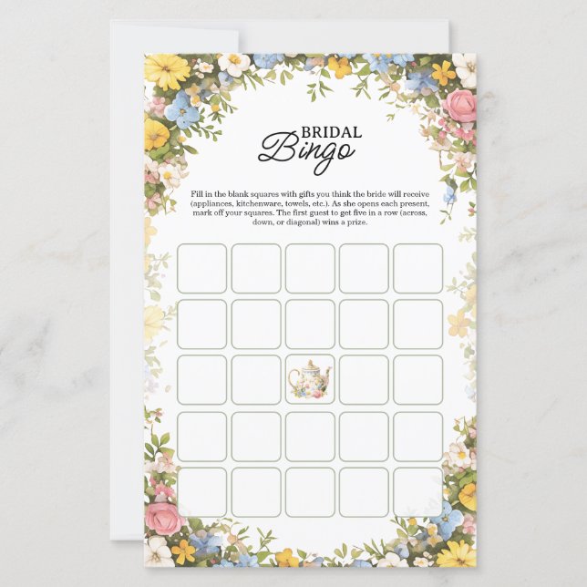 Floral Tea Party Bridal Shower Bingo Game (正面)