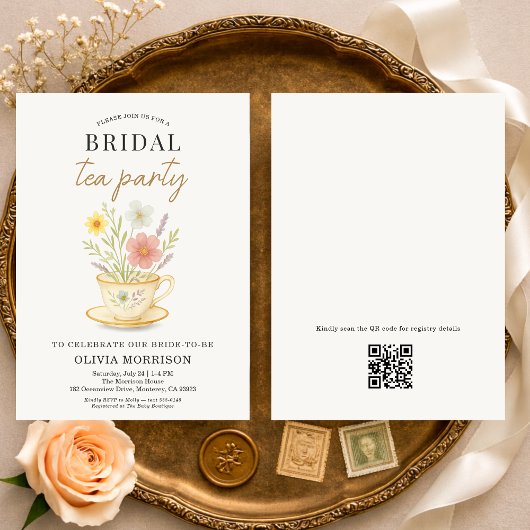 Floral Tea Party QR Code Bridal Shower 招待状