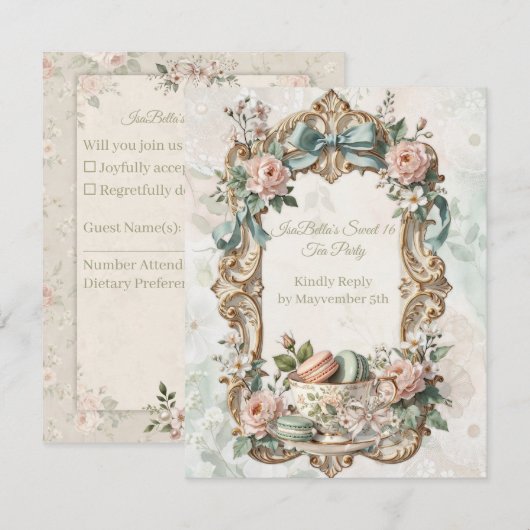 Floral Tea Party Sweet 16 RSVP Card (正面/裏面)