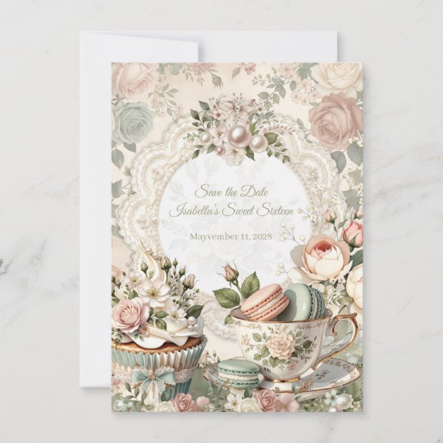 Floral Tea Party Sweet 16 Save the Date Card (正面)